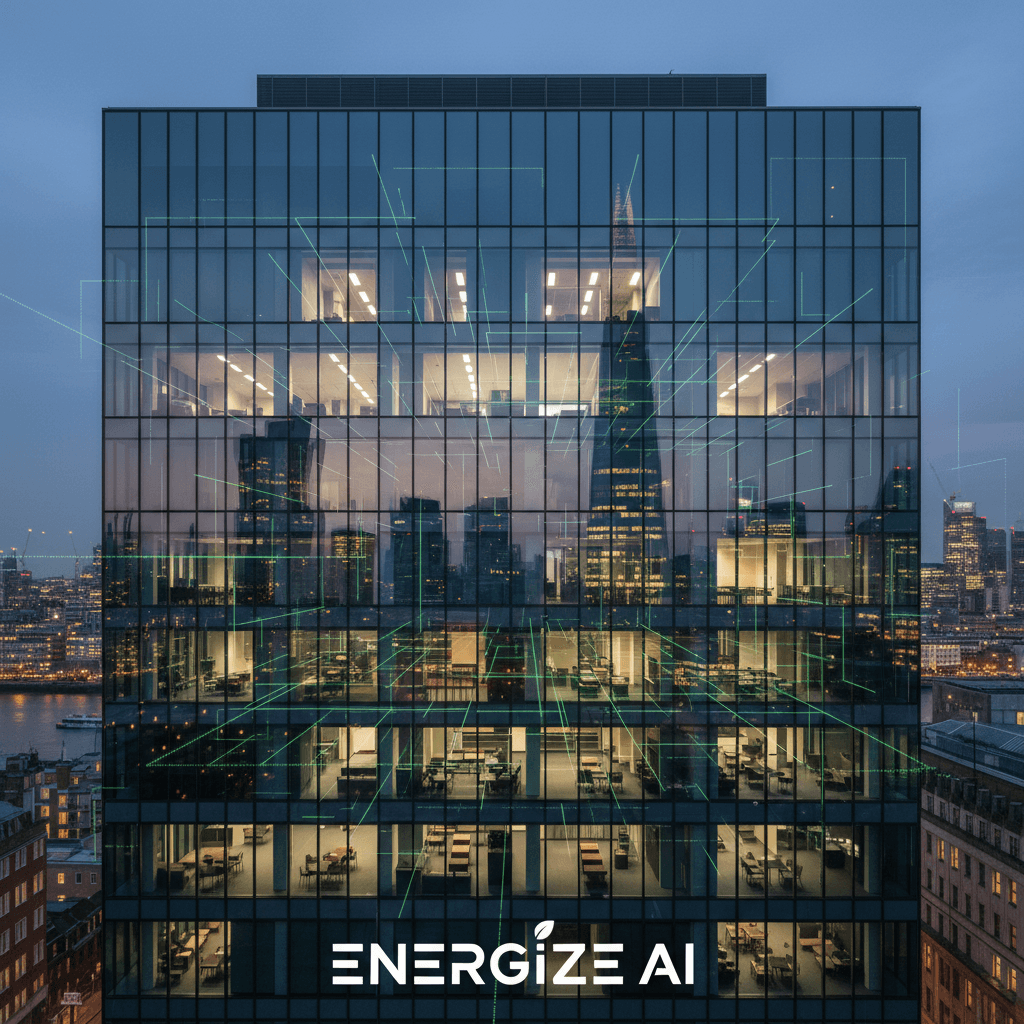 Edificio moderno in vetro con griglia digitale verde e skyline di Londra illuminato al crepuscolo.