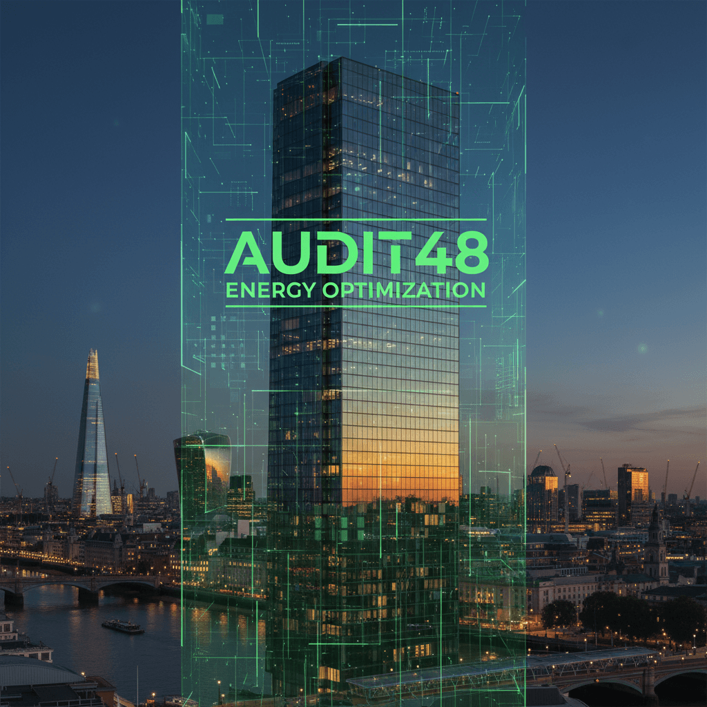 Edificio moderno in vetro con griglia digitale verde e skyline di Londra illuminato al crepuscolo.