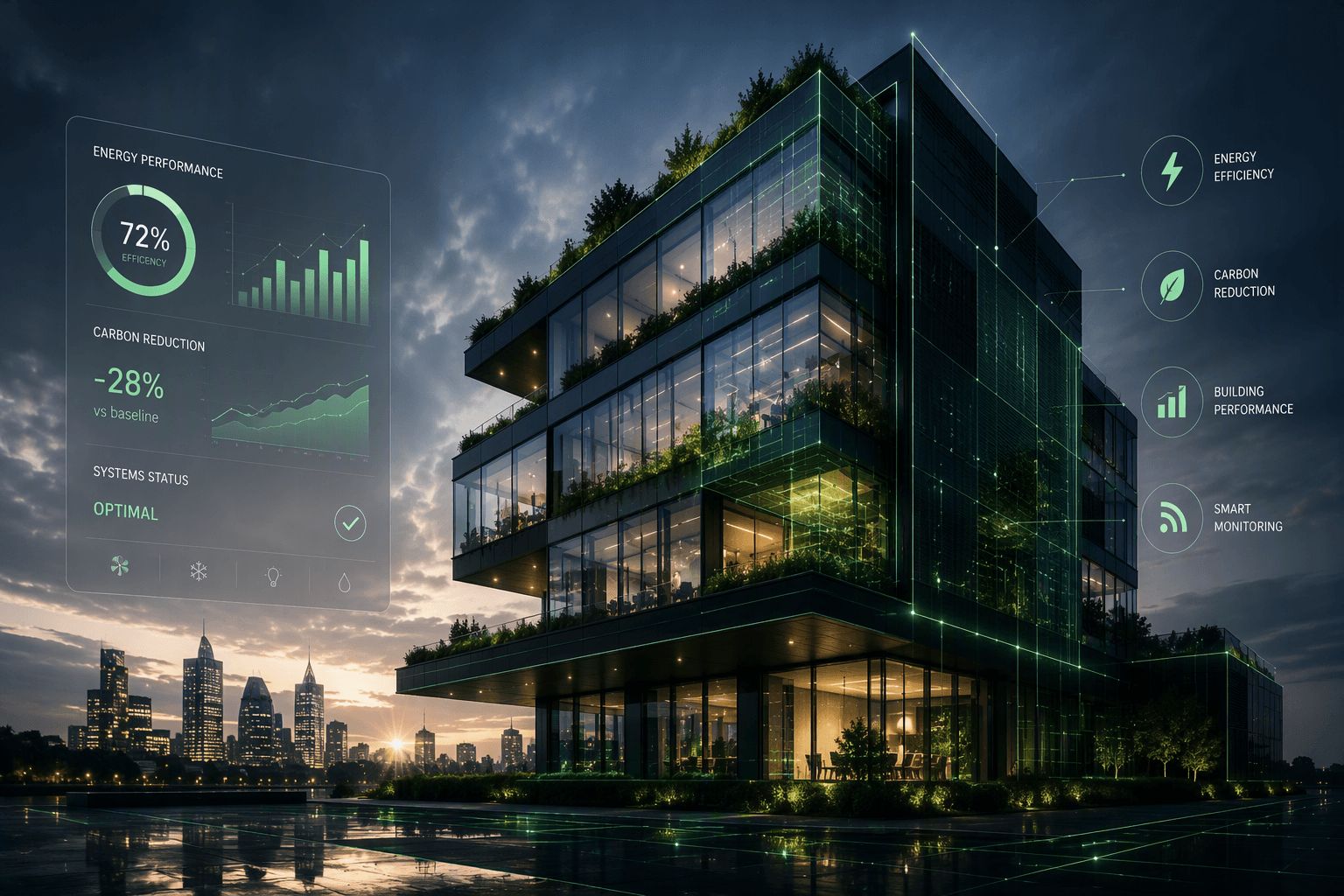 Edificio moderno ecosostenibile con interfaccia digitale di monitoraggio energetico e prestazioni ambientali al tramonto.