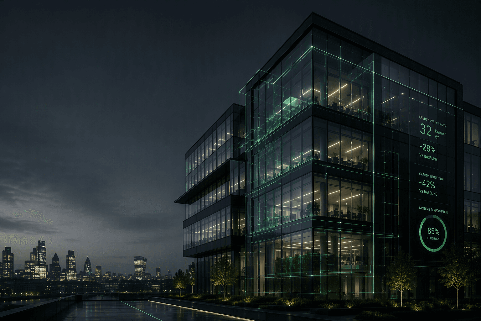 Edificio moderno con dati digitali di efficienza energetica e griglia verde su skyline notturno.