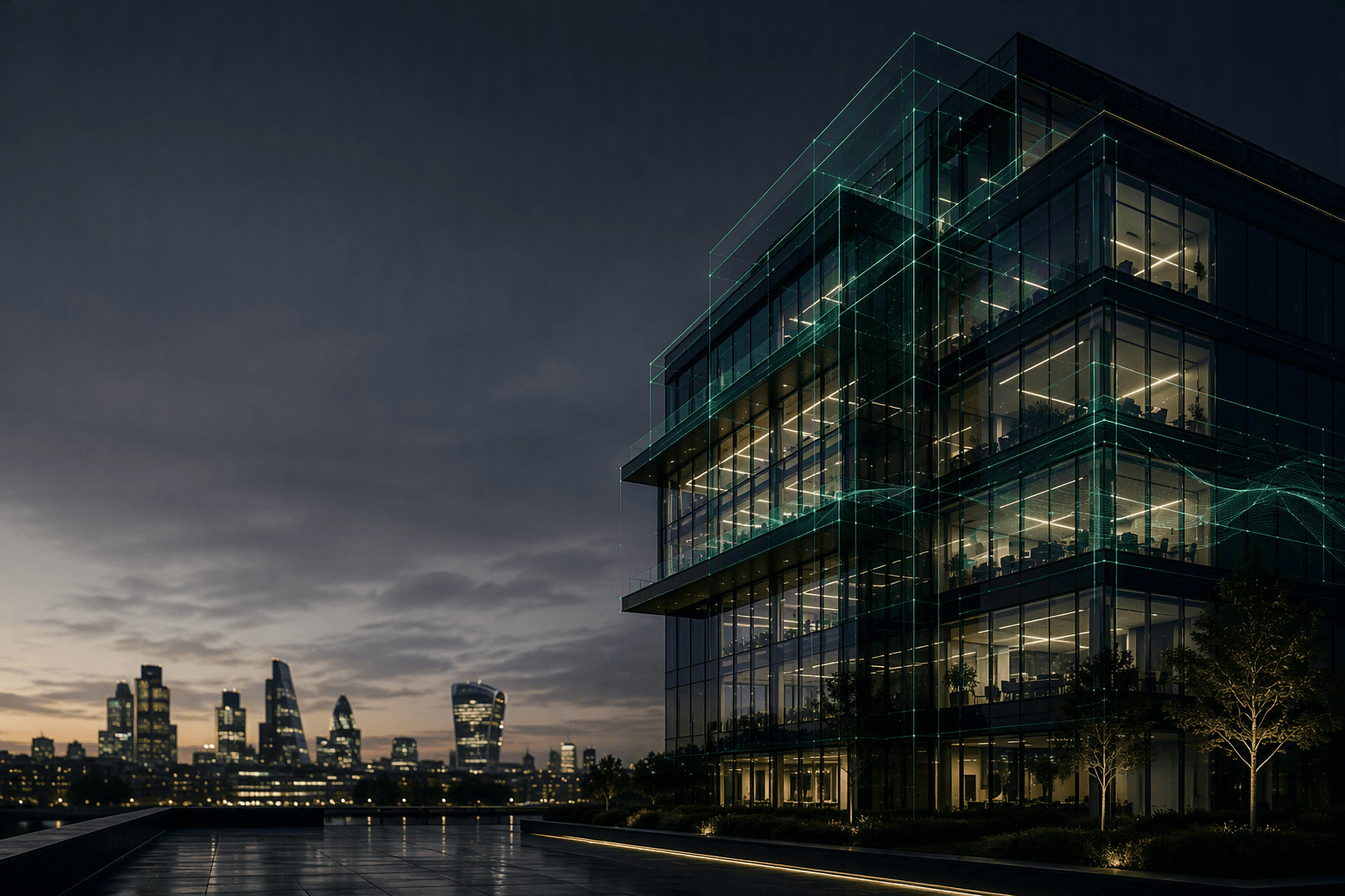 Edificio moderno in vetro con griglia digitale verde e skyline di Londra illuminato al crepuscolo.