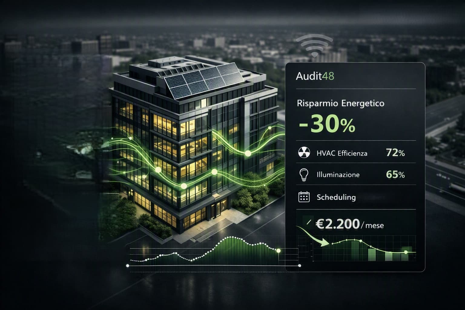 Edificio moderno con pannelli solari e dashboard digitale che visualizza statistiche sul risparmio energetico.